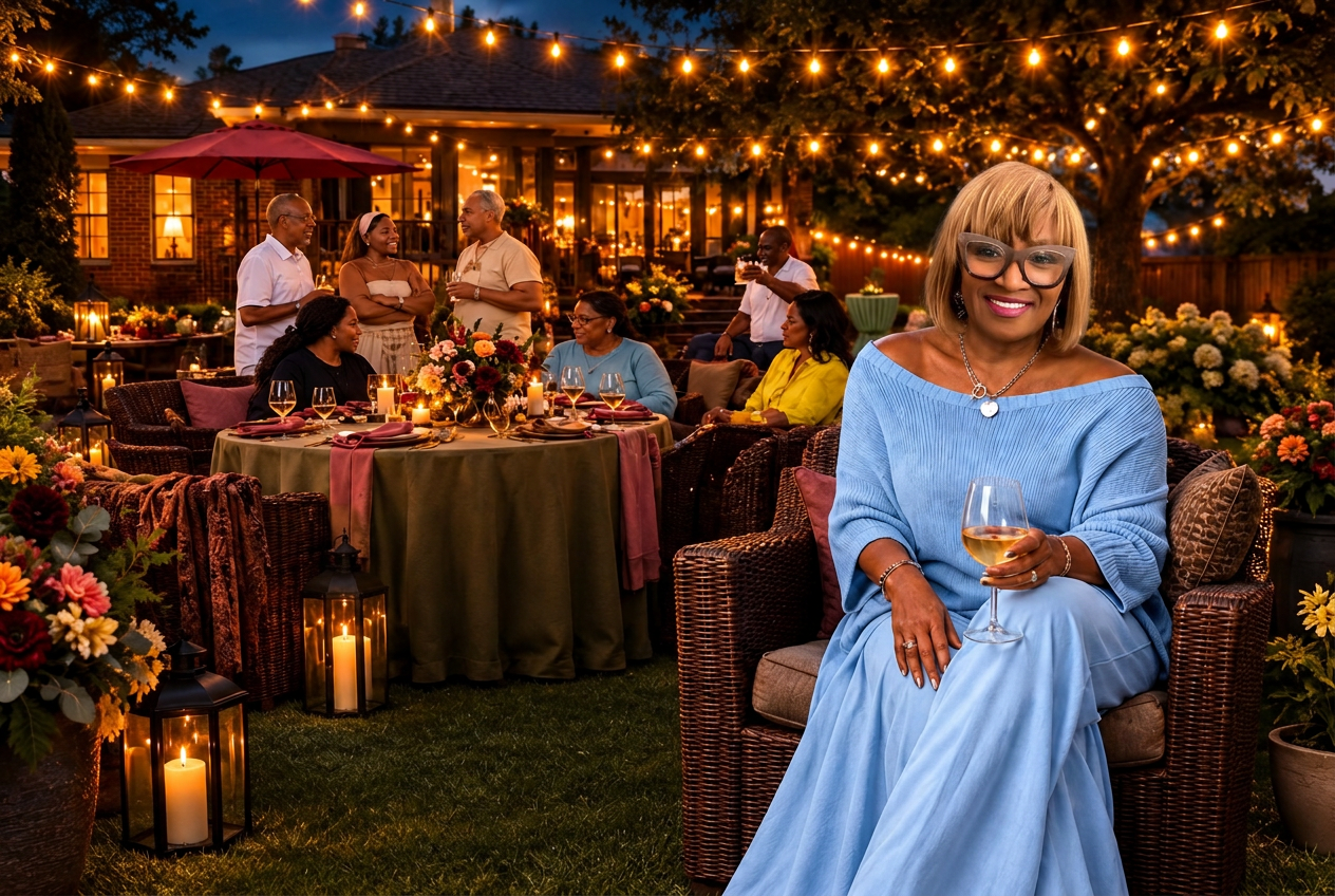 Gale Mayes enjoying wine at an intimate backyard dinner party in Nashville